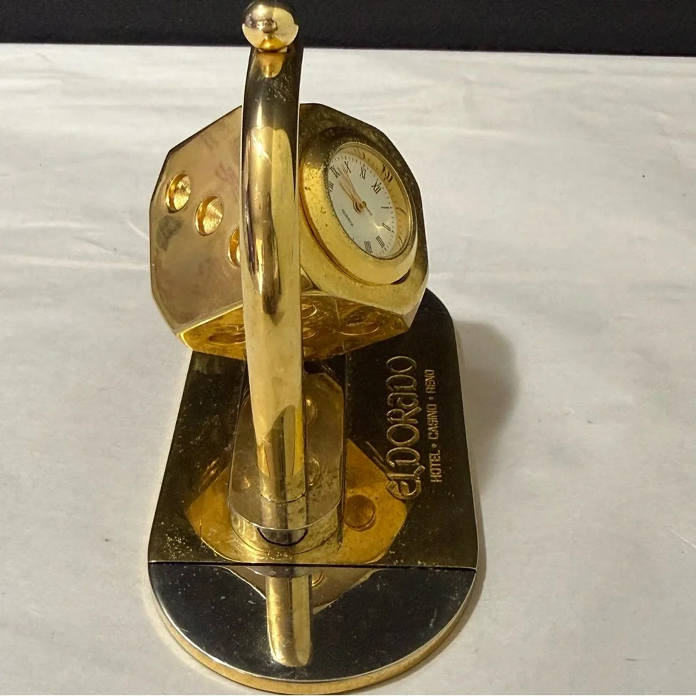 Vintage El Dorado Reno Casino Dice Desk Clock Gold Tone Working Quartz Spinner